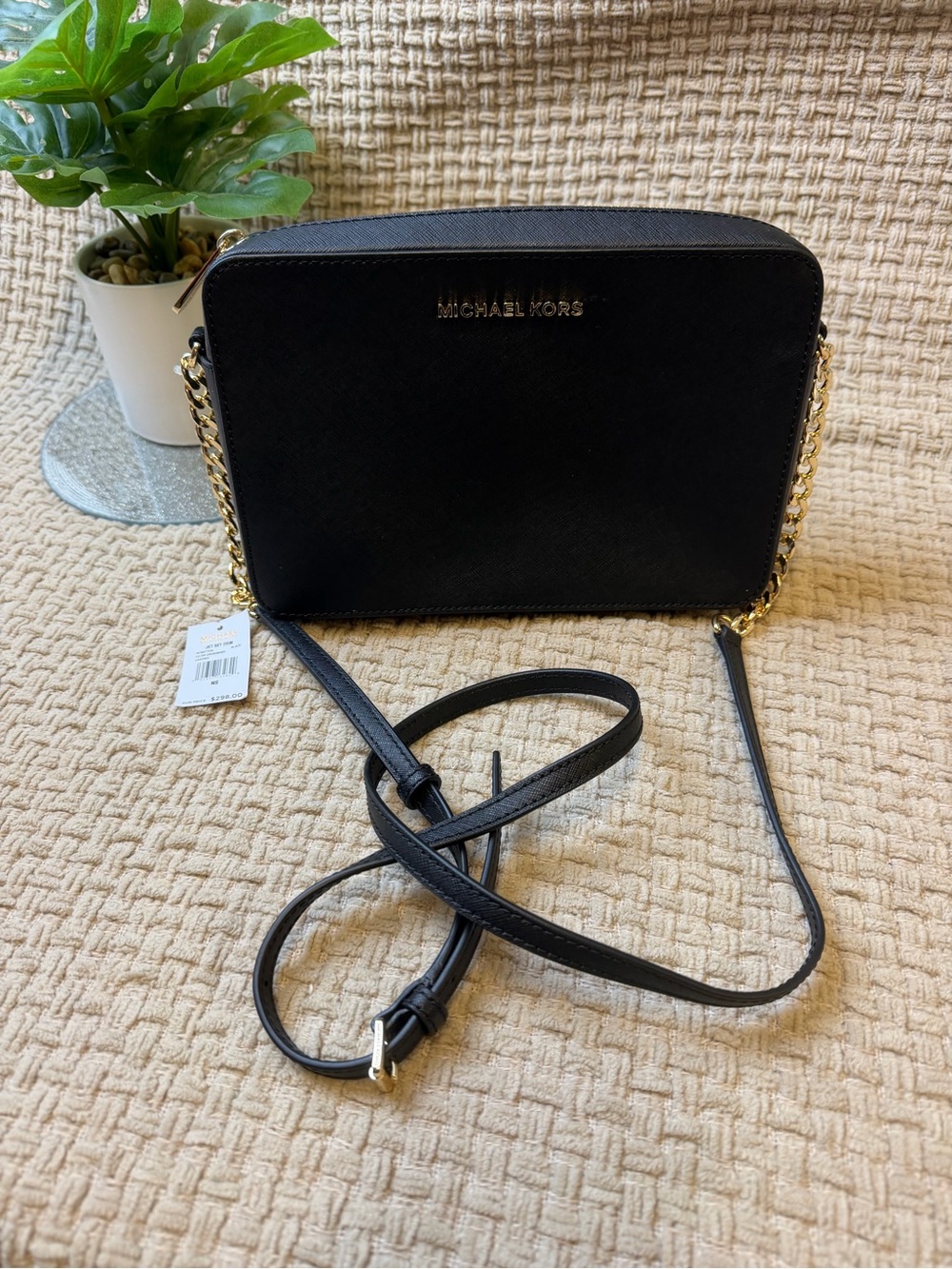 Michael Kors Black Saffiano Crossbody with Gold Chain